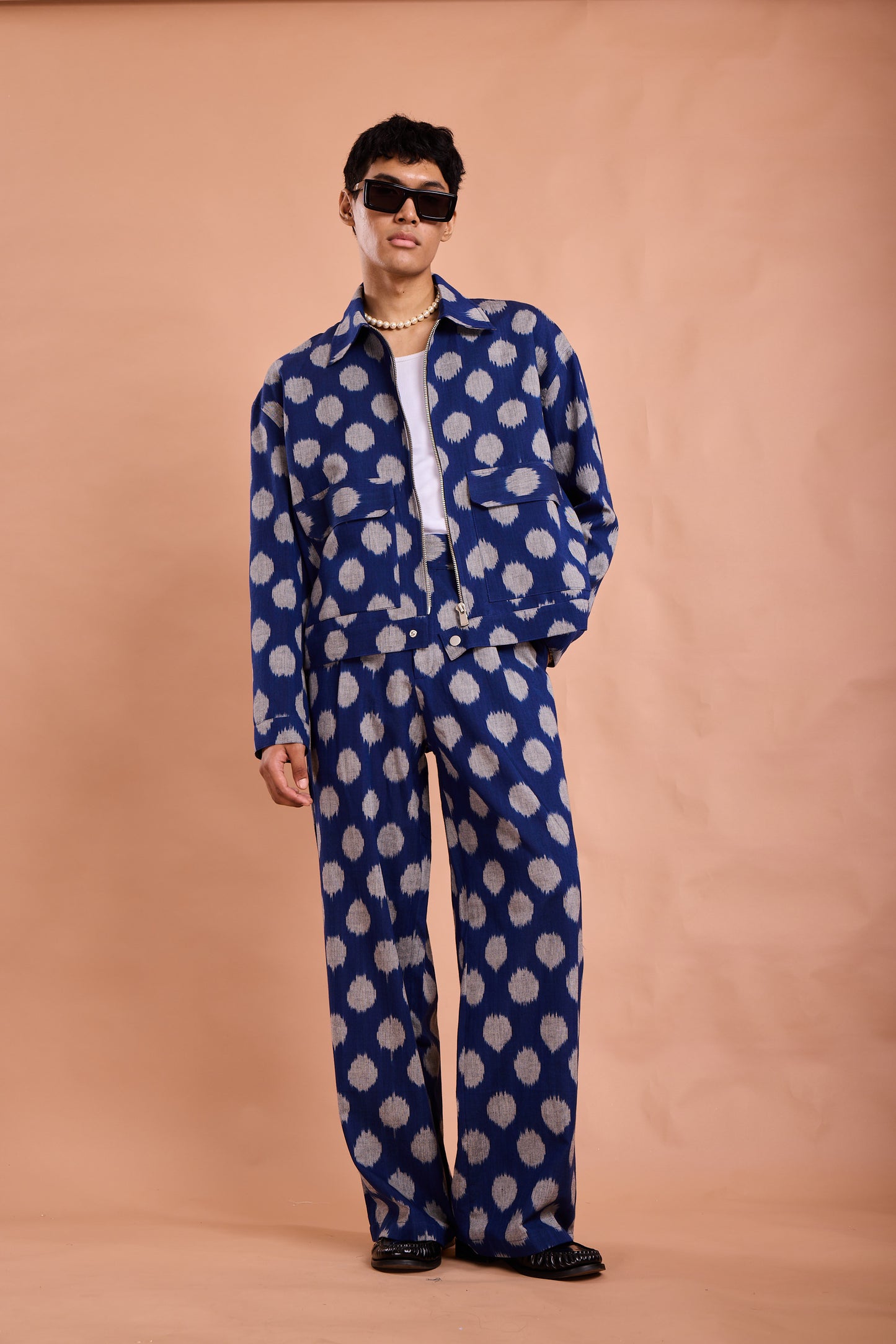 Navy Ikat Polka Utility Jacket & Wide-Leg Co-Ord Set