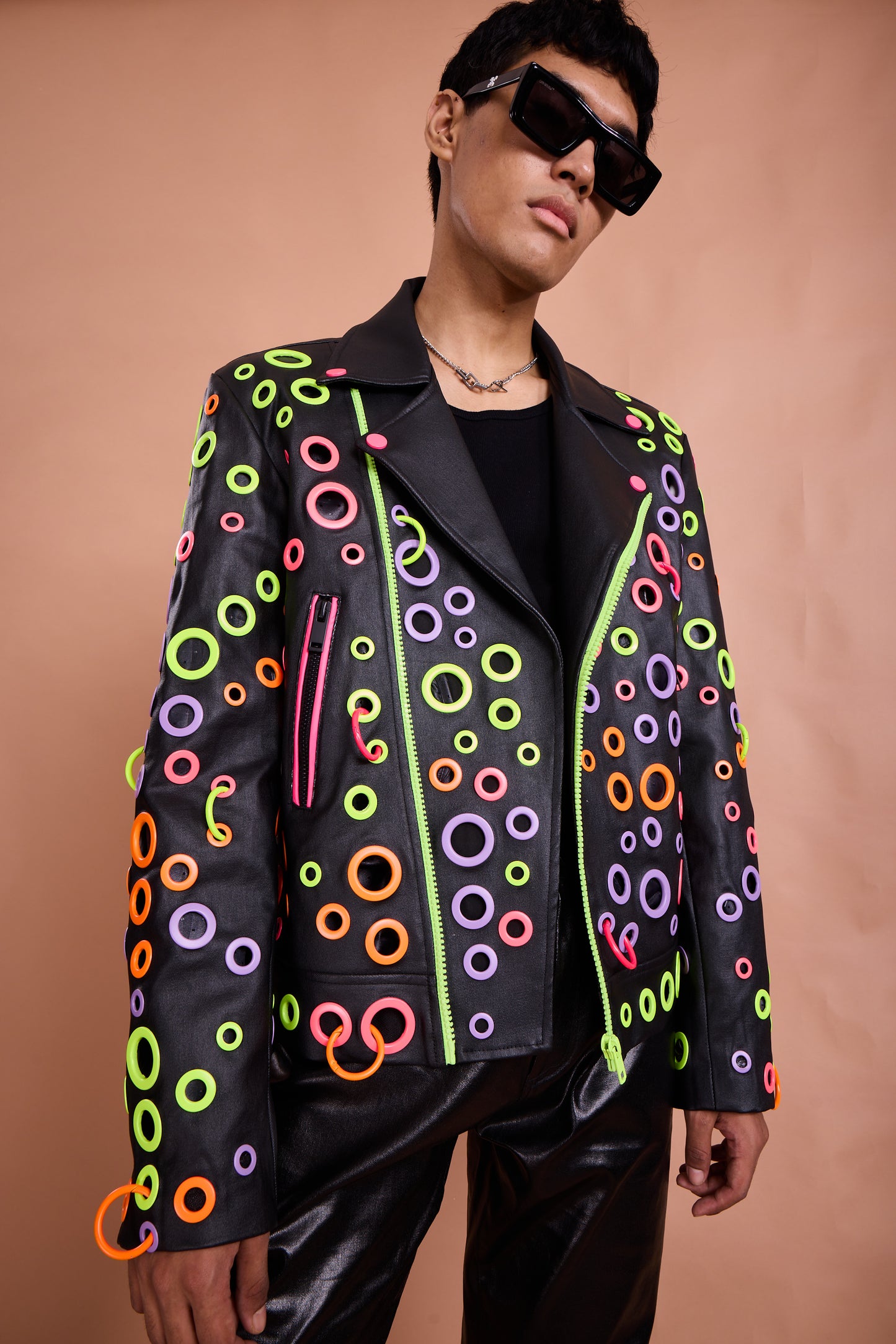 Neon Orbit Studded Moto Jacket