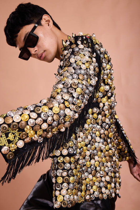 Regal Coin Couture Embellished Fringe Jacket