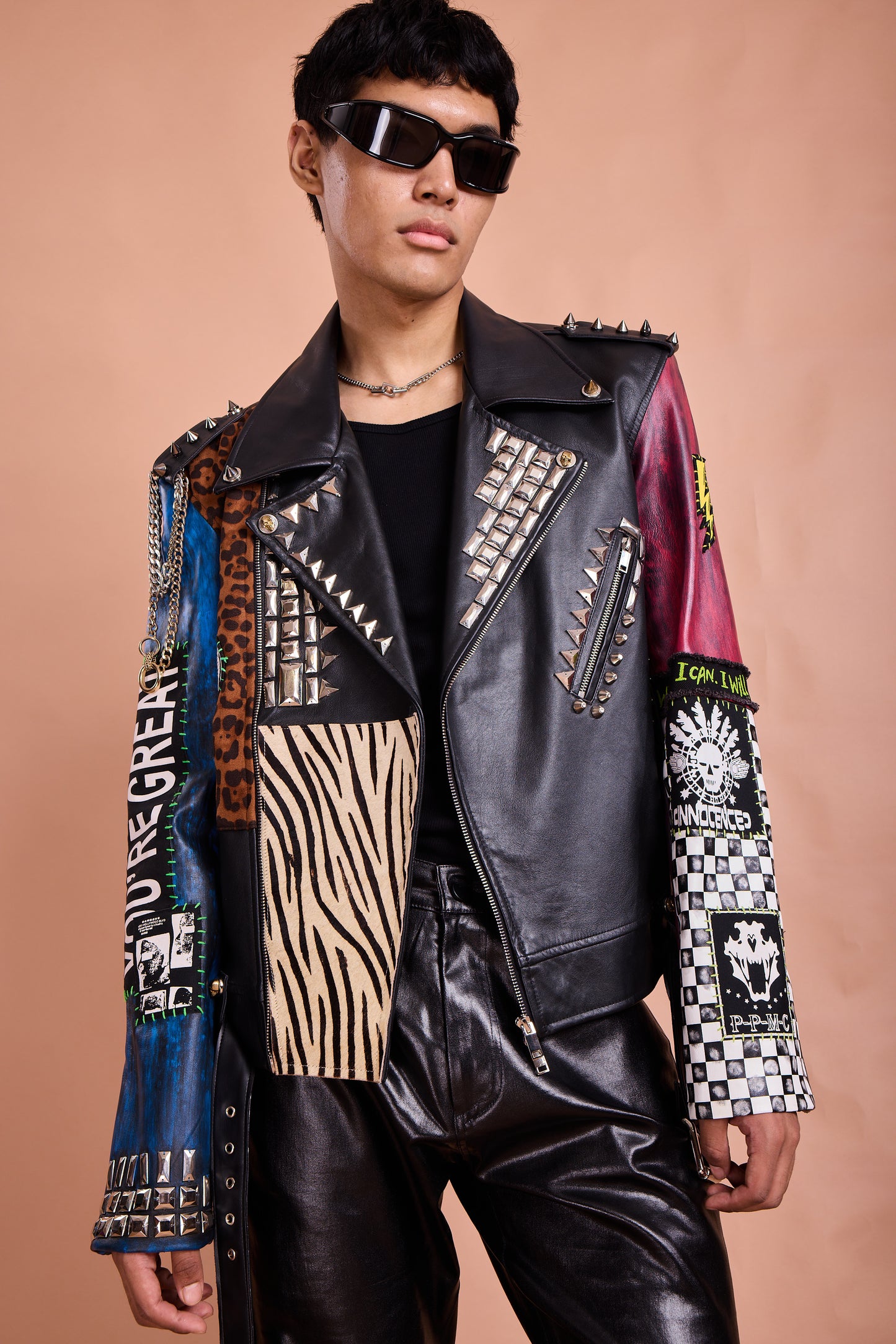 Multi-Patch Studded Punk Leather Jacket