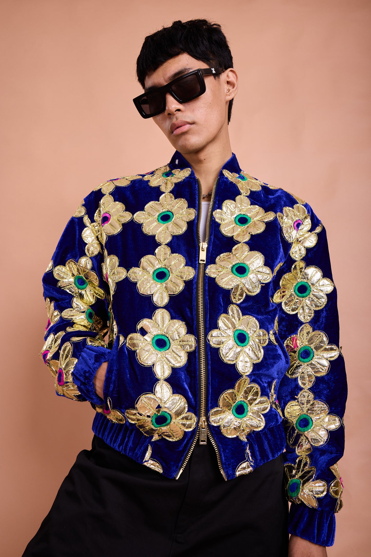 Royal Blue Velvet Gold Floral Embroidered Bomber