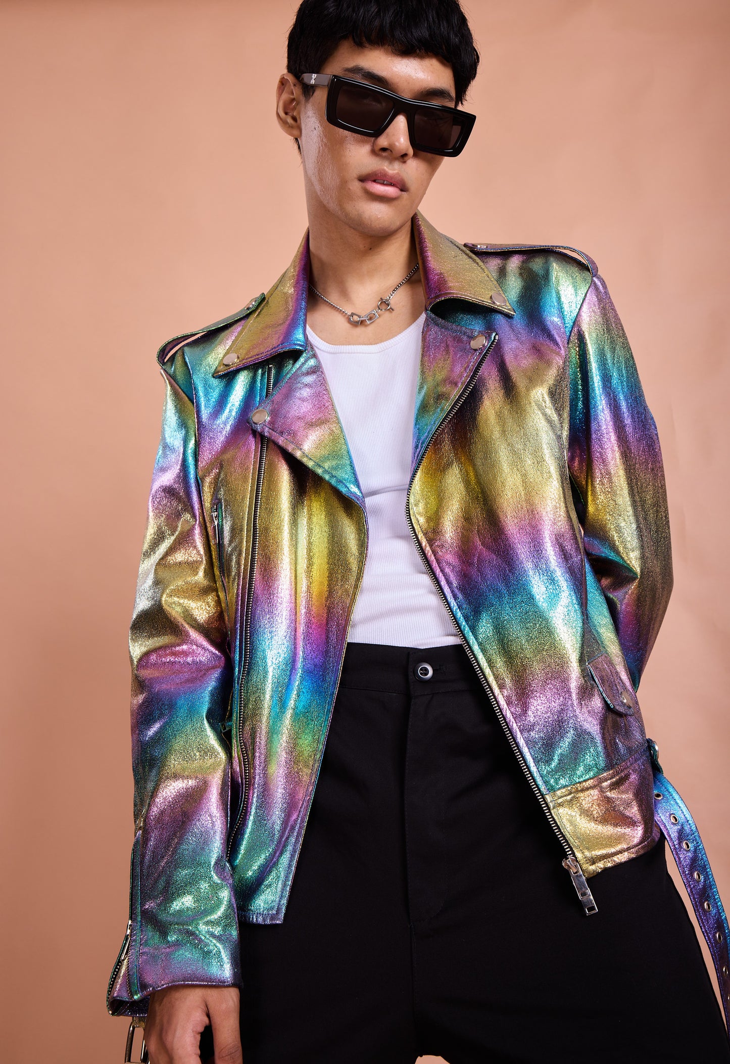 Rainbow Iridescent Metallic Moto Jacket