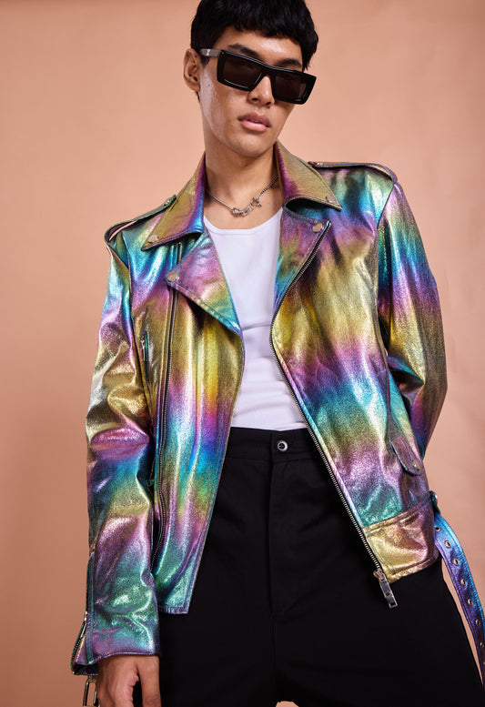 Rainbow Iridescent Metallic Moto Jacket