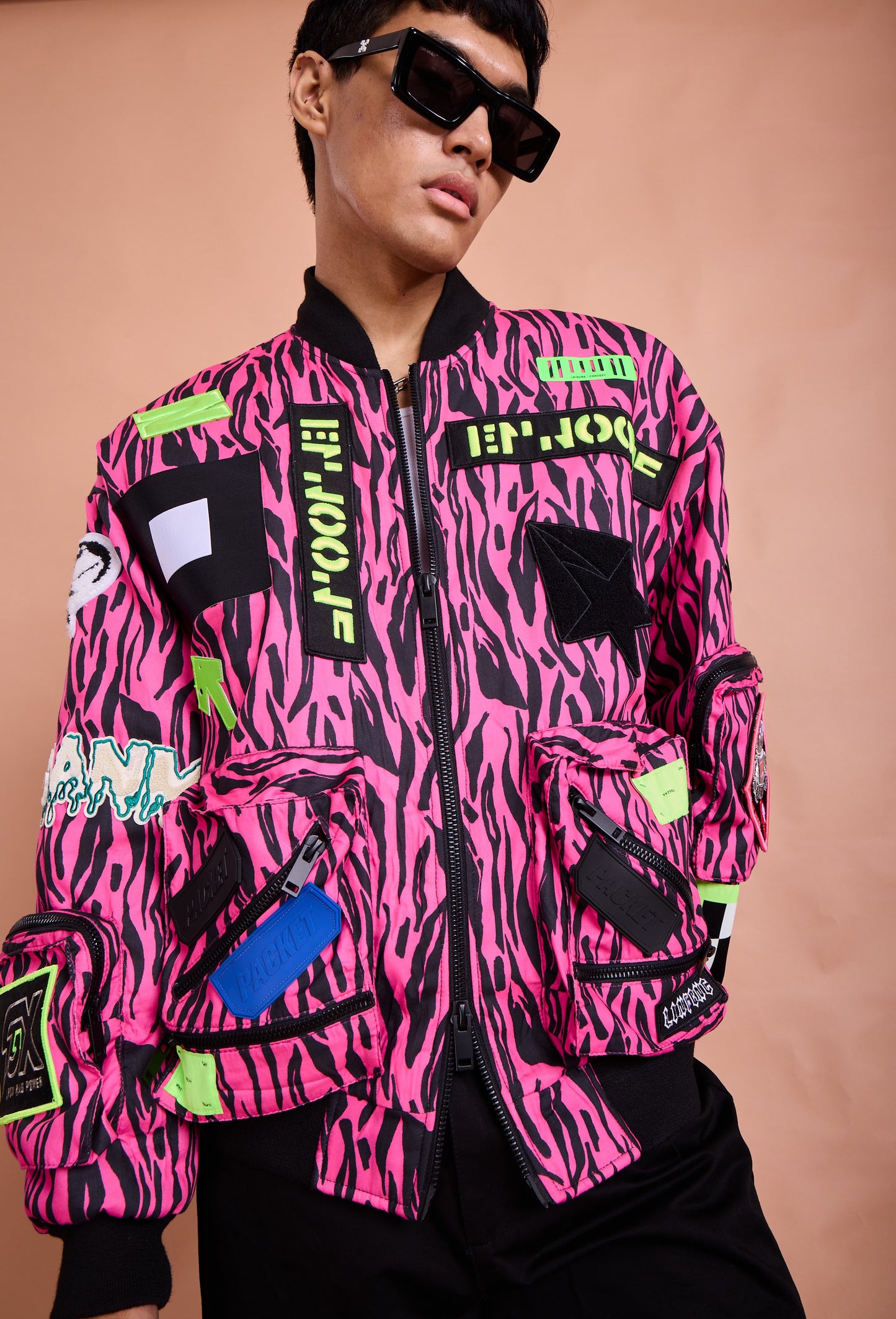 Neon Pink Graphic Patch Bomber Jacket