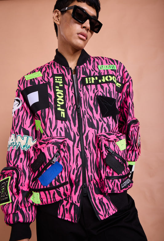 Neon Pink Graphic Patch Bomber Jacket