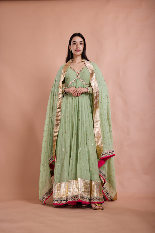 Mint Green Embellished Anarkali Set with Gold Border and Pink Accents