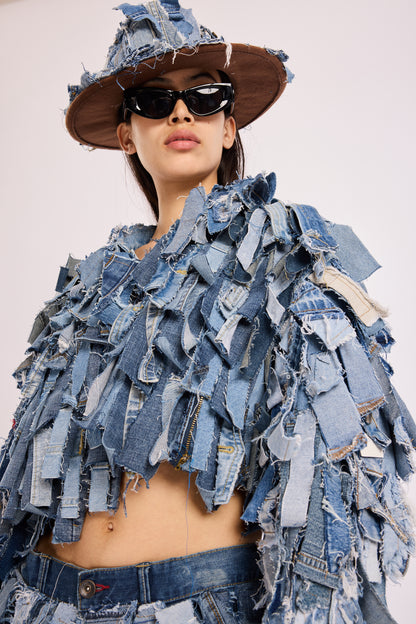 Layered frayed denim jacket