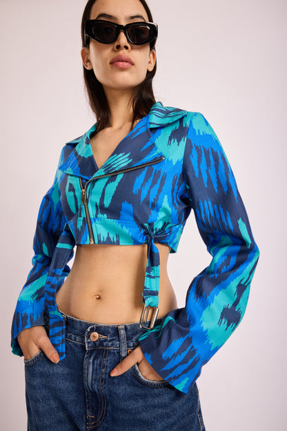 Blue Abstract Print Cropped Jacket