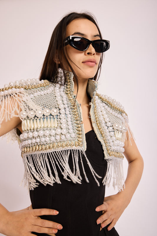 Pearl & Gold Embellished Fringe Bolero