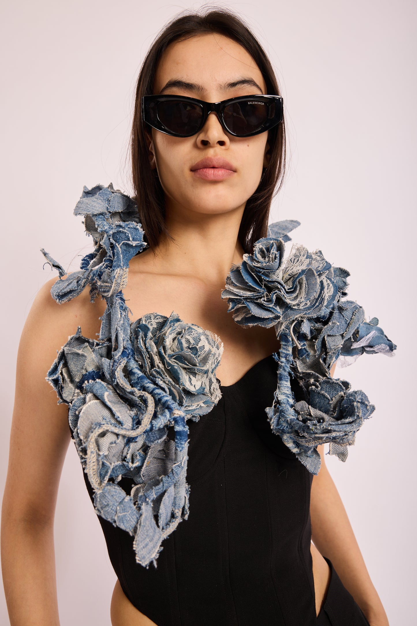 Denim Floral Sculpted Shoulder Bolero