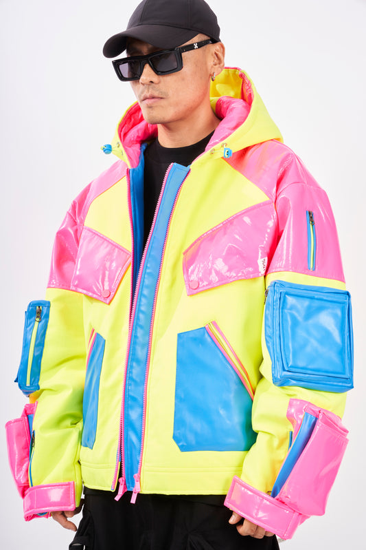 Neon Techno Utility Puffer Jacket