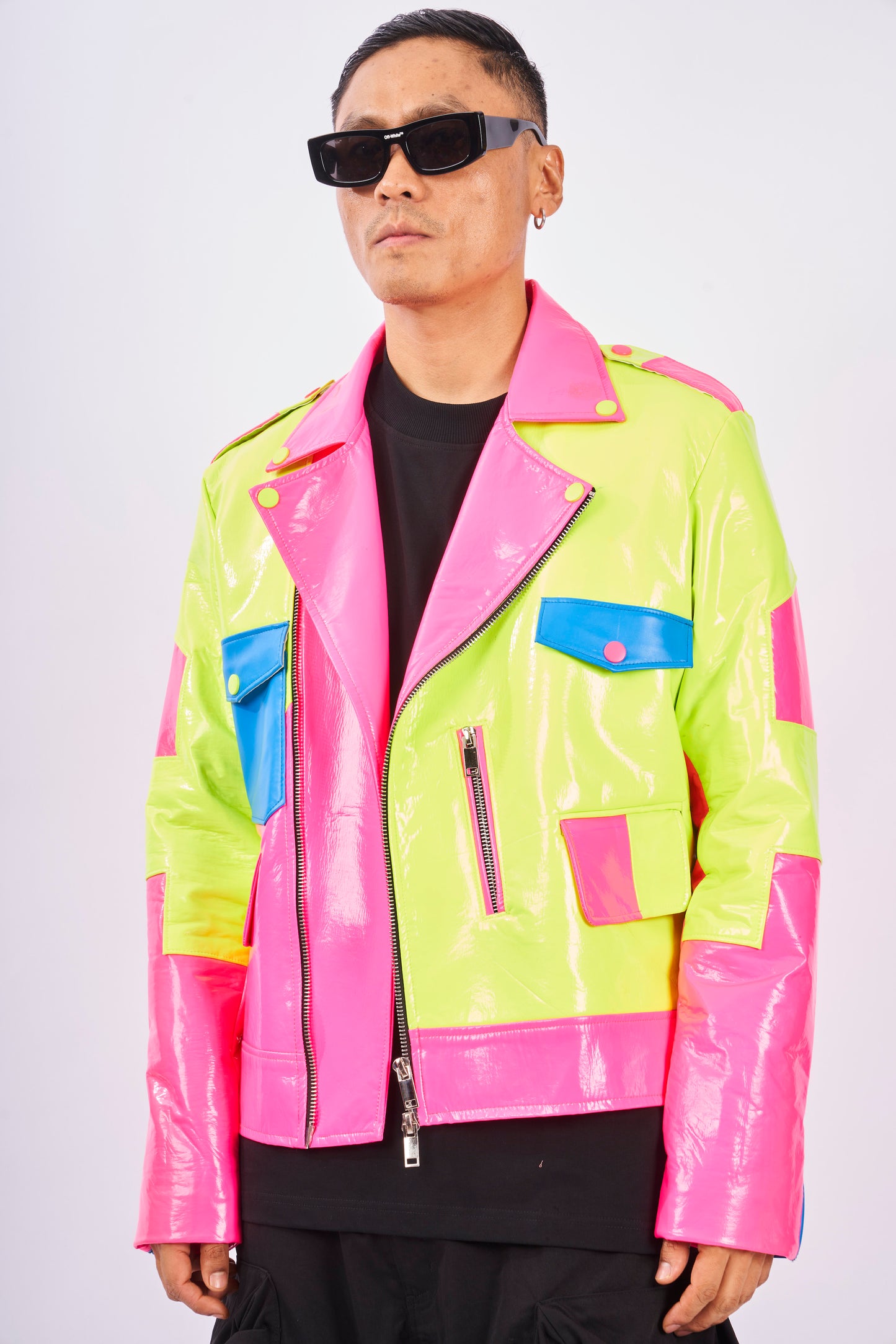 Neon Colorblock Vinyl Moto Jacket