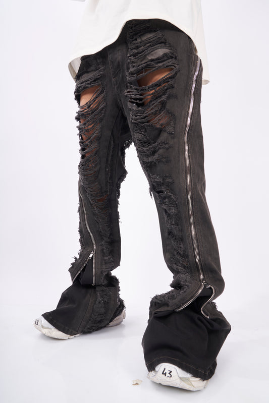 Black Extreme Shred Zipper Stacked Pants