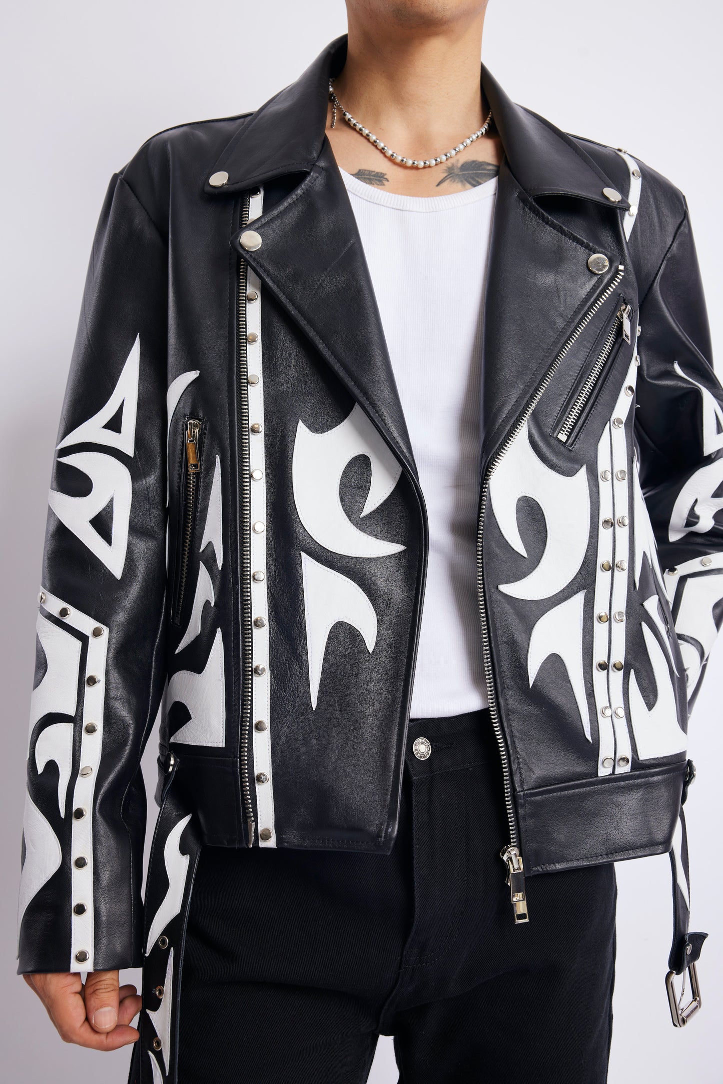 Black & White Tribal Graphic Studded Leather Biker Jacket