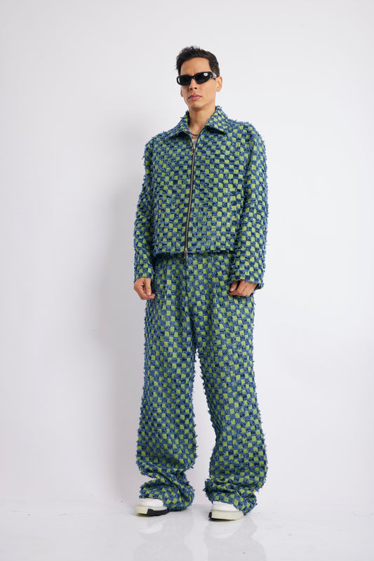 Blue–Green Textured Checkered Coord Set