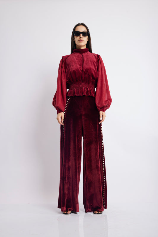 MAROON VELVET FLOWY SET