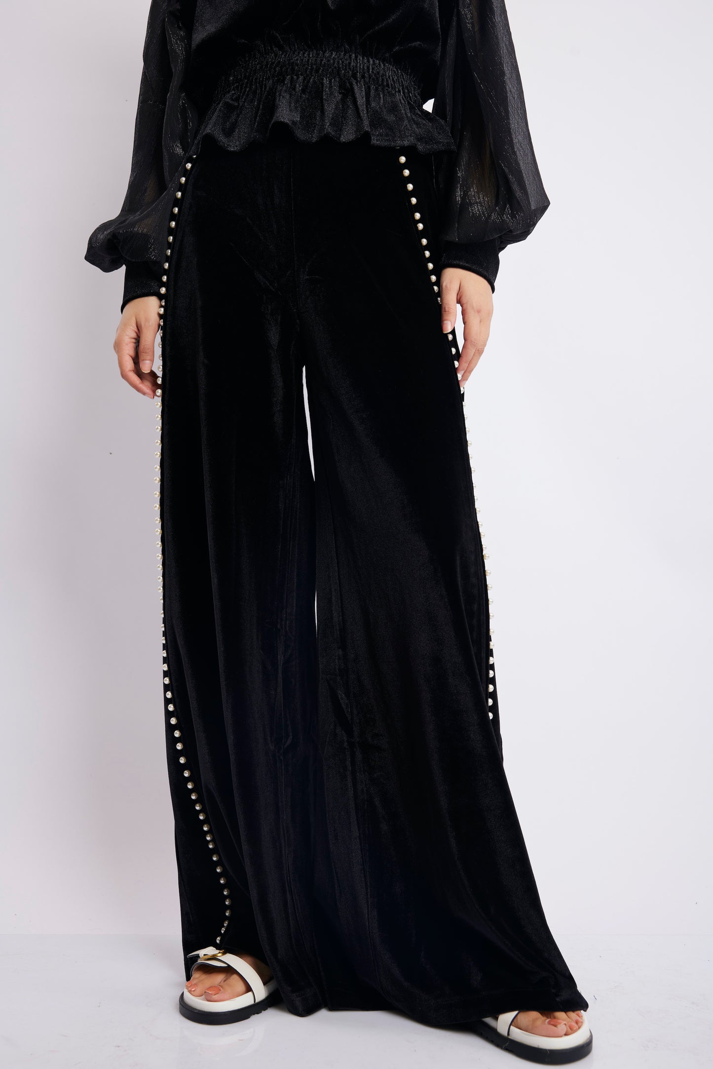 Black Velvet Pearl-Trim Flared Pants