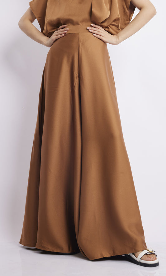 Caramel Satin Wide-Leg Palazzo Pants