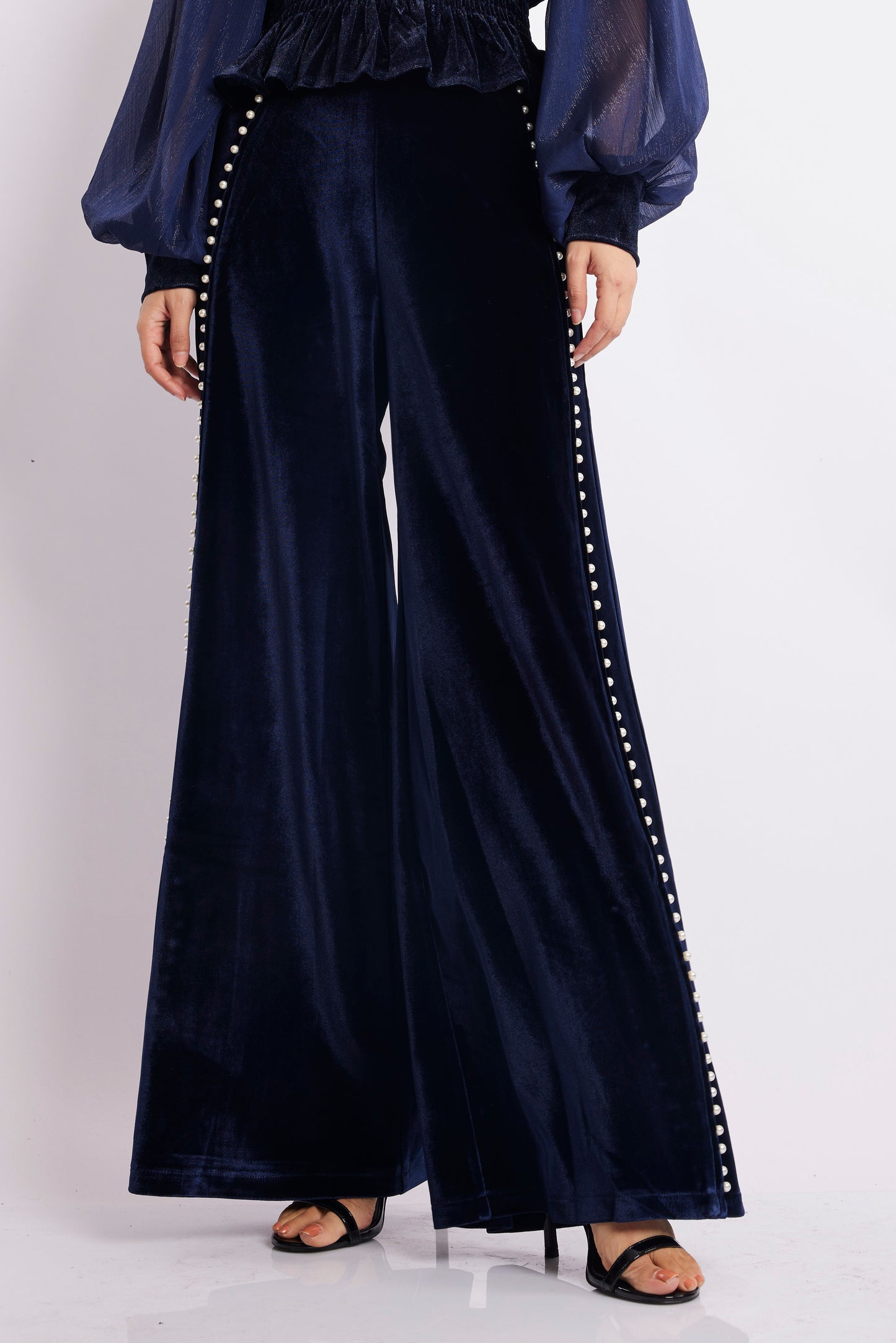 Navy Velvet Pearl-Trim Wide-Leg Pants