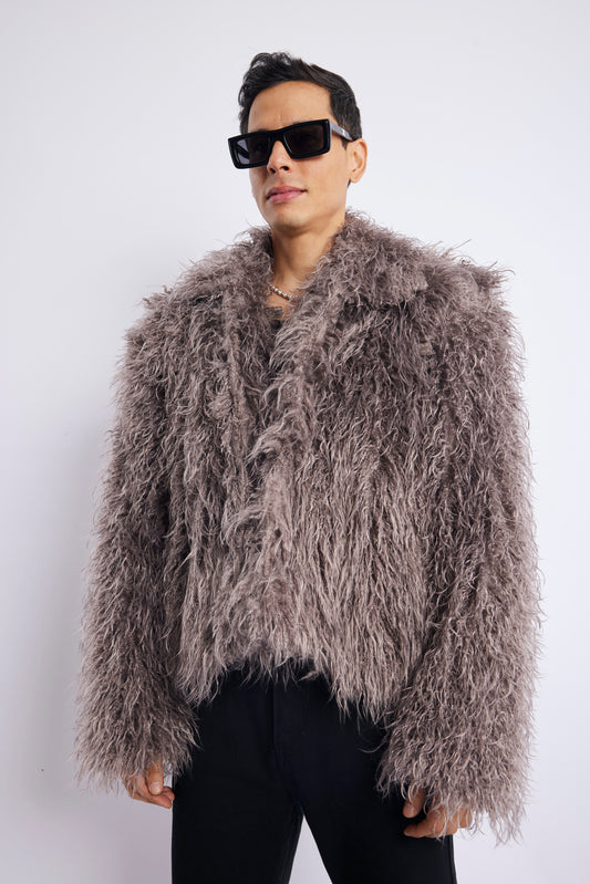 Taupe Long-Hair Faux Fur Oversized Jacket