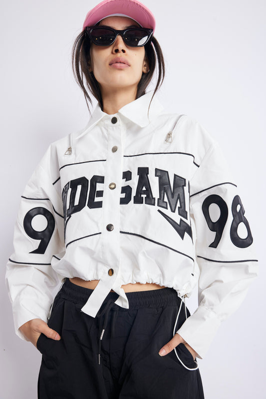 WHITE GRPAHIC CROP JACKET