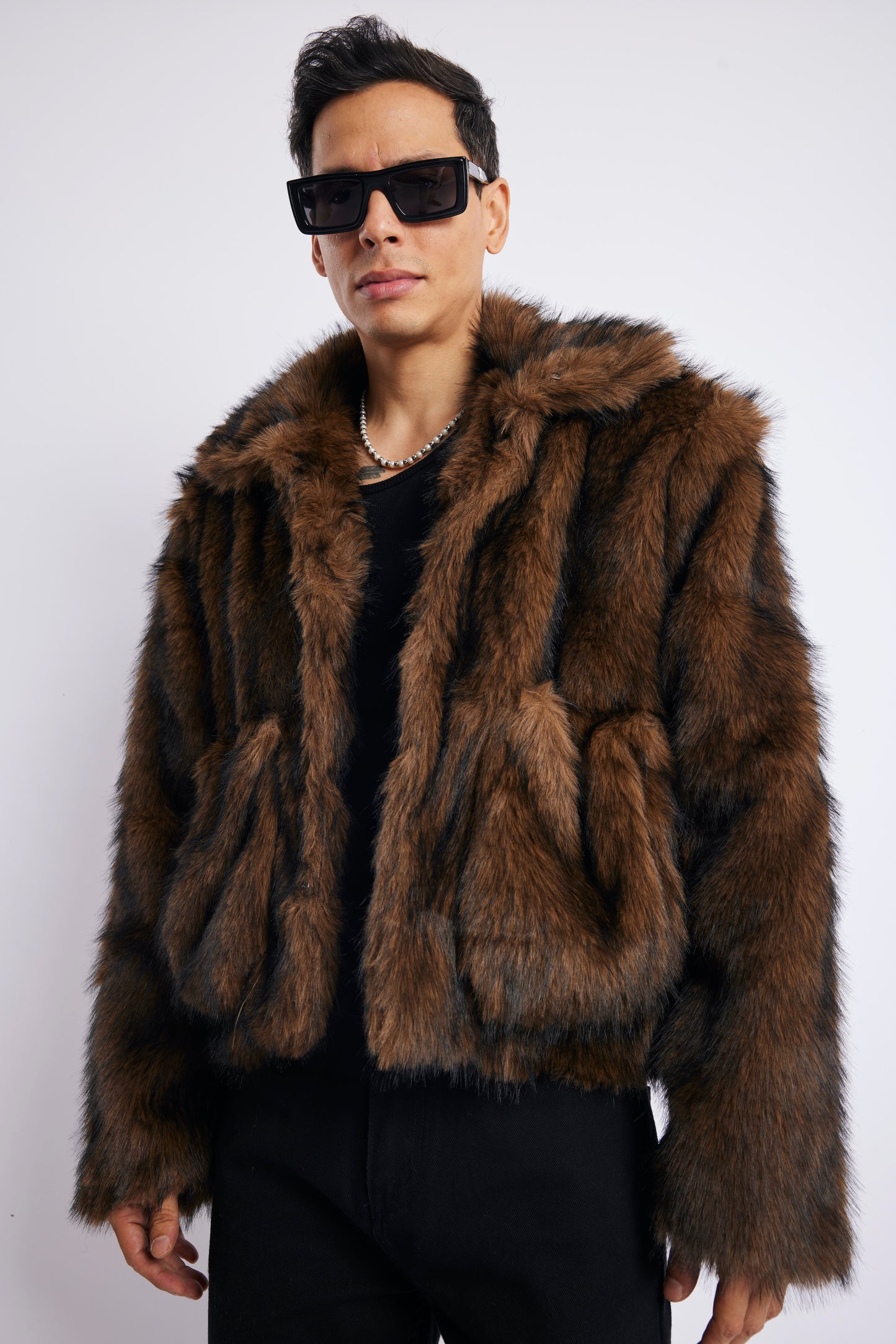 Brown Faux Fur Striped Oversized Jacket