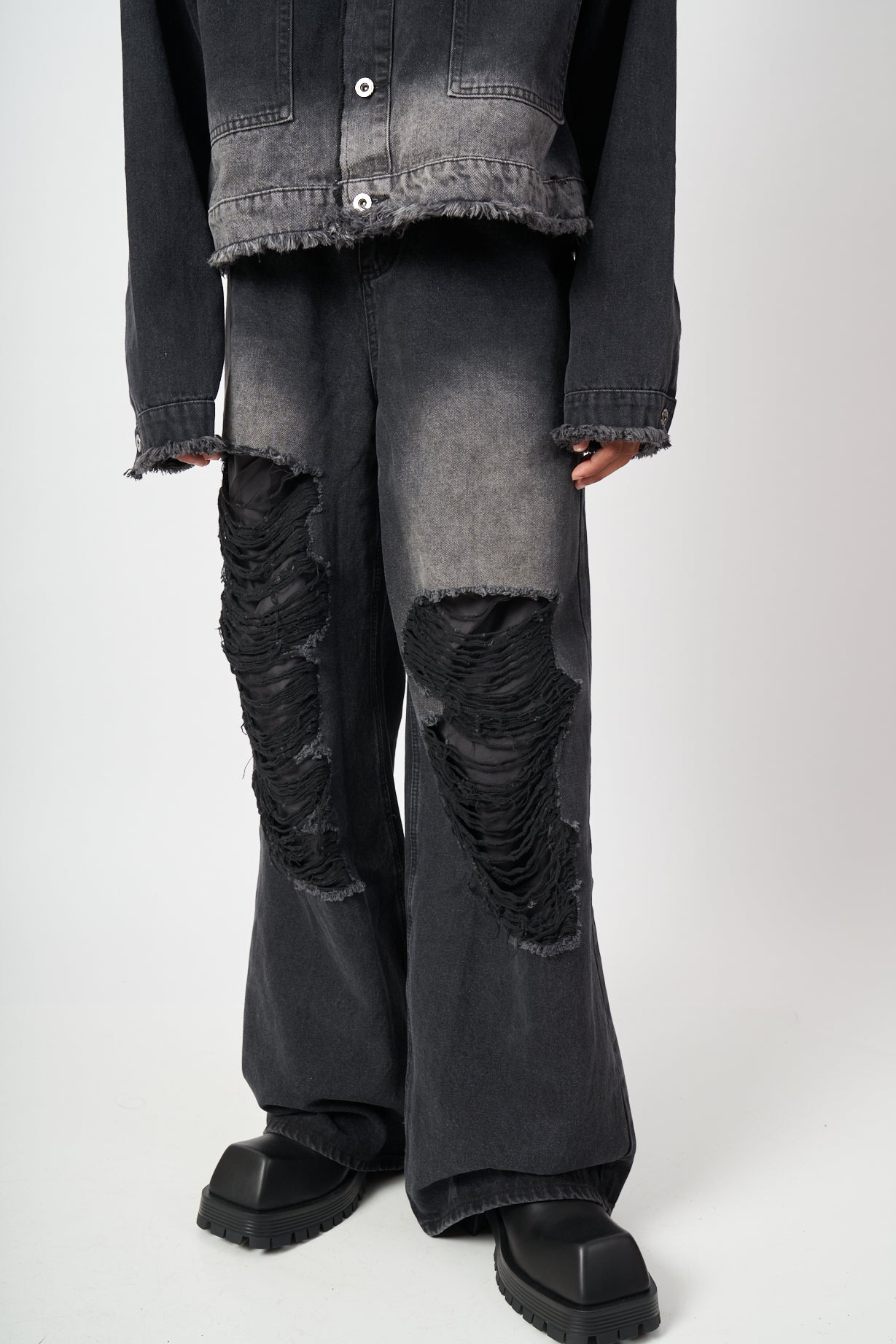 Black Extreme Shred Wide-Leg Denim Pants