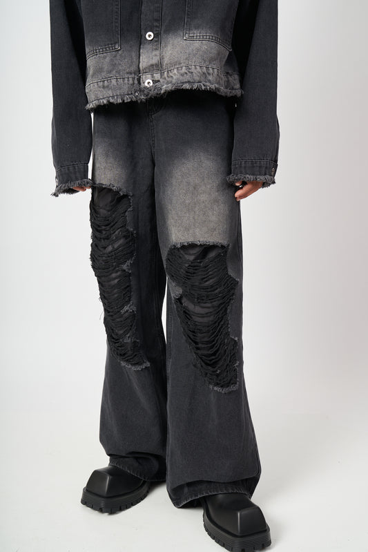Black Extreme Shred Wide-Leg Denim Pants