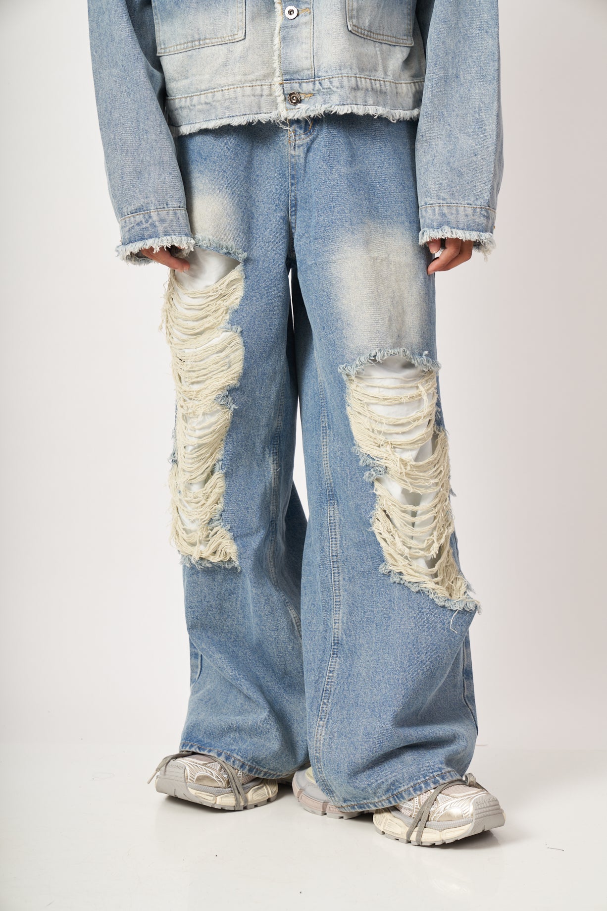 Light Wash Extreme Shredded Wide-Leg Denim Pants