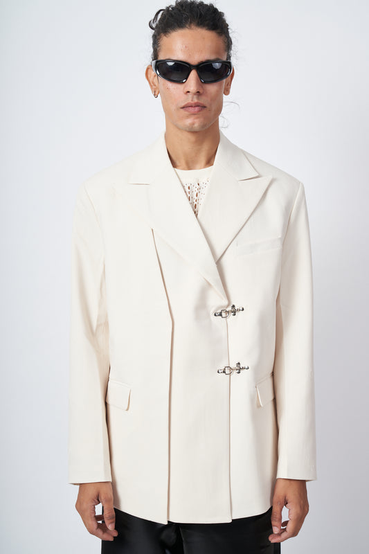 Ivory Double-Breasted Blazer with Metal Hook Closures