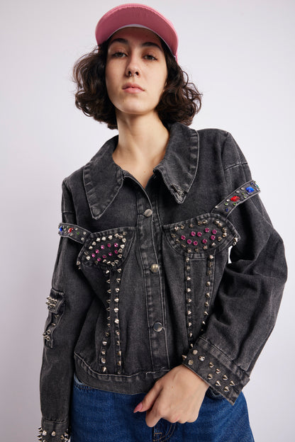 Studded Embellished Black Denim Jacket