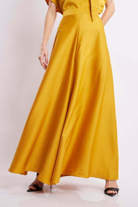 Mustard Satin Flared Wide-Leg Pants