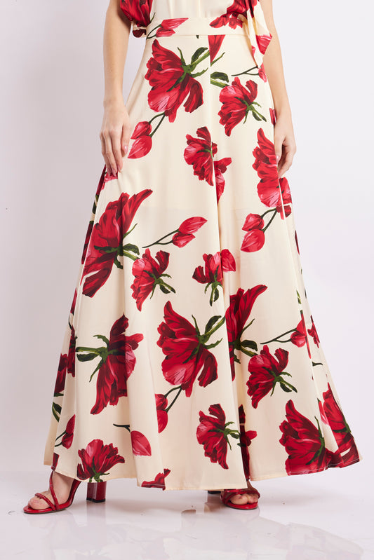 Ivory Red Floral Wide-Leg Palazzo Pants