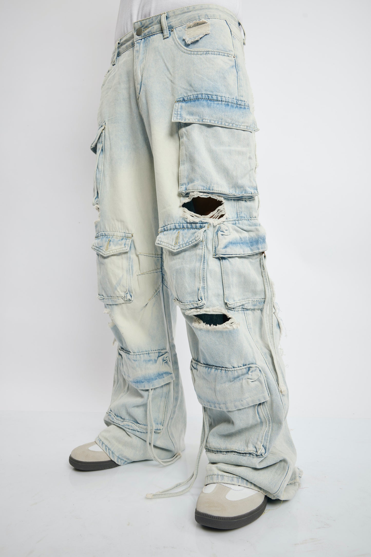 Distressed Multi-Pocket Light Wash Cargo Denim