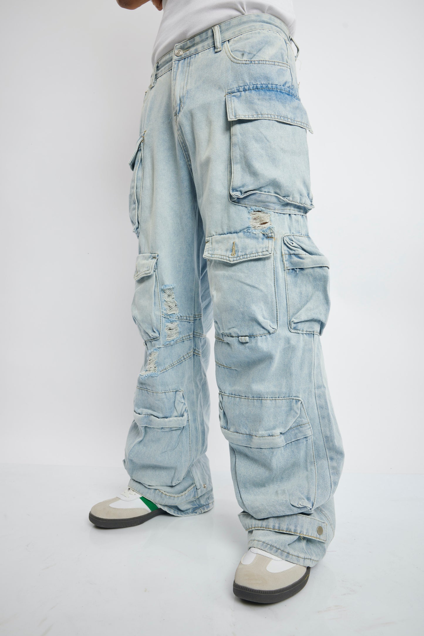 Light Wash Multi-Pocket Distressed Cargo Denim