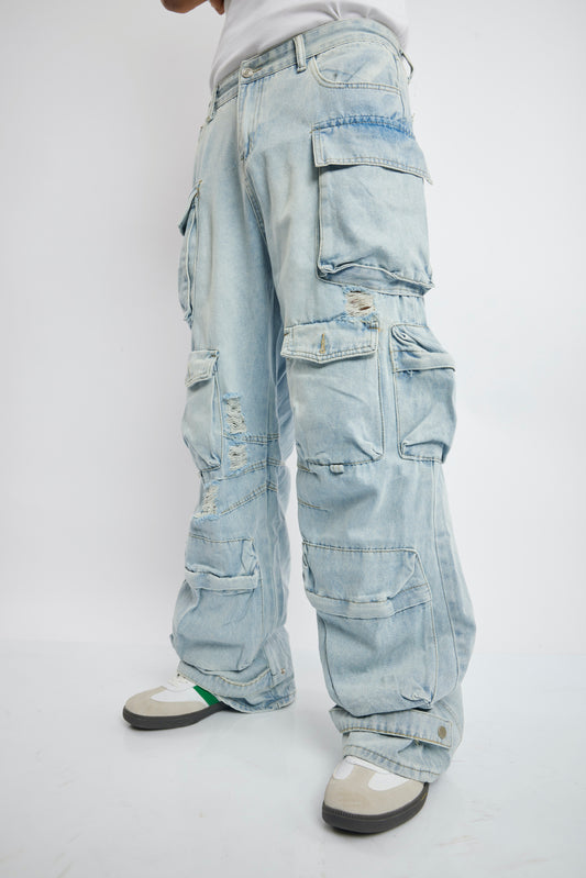 Light Wash Multi-Pocket Distressed Cargo Denim
