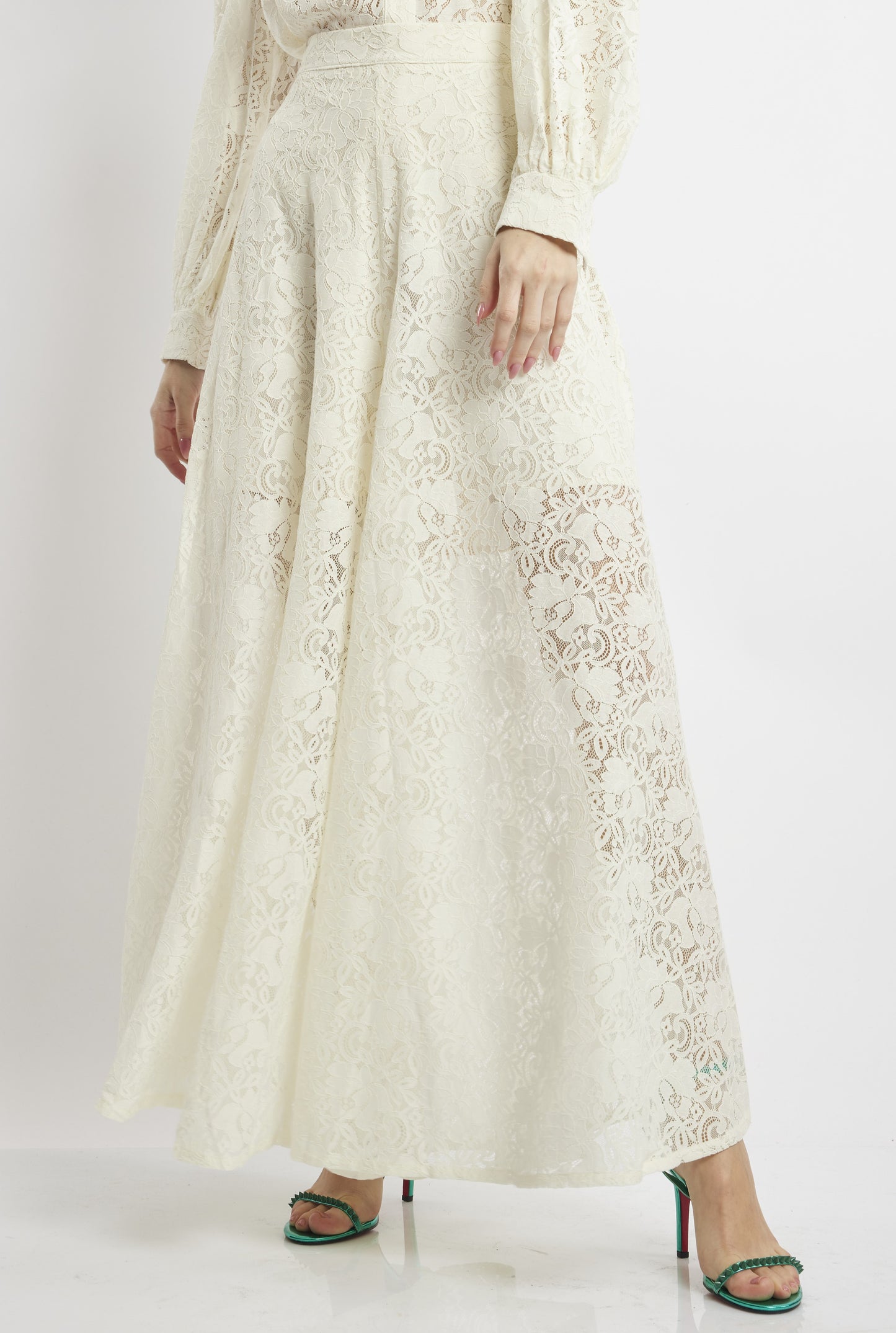 Ivory Sheer Lace Wide-Leg Palazzo Pants