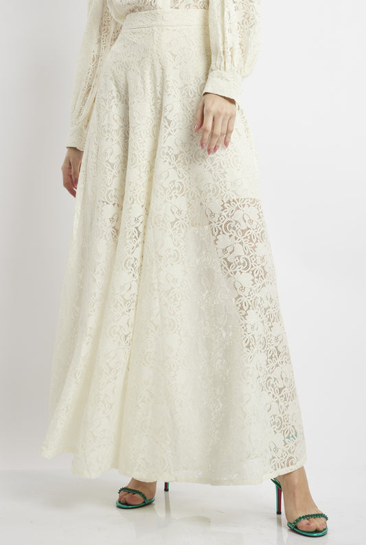 Ivory Sheer Lace Wide-Leg Palazzo Pants