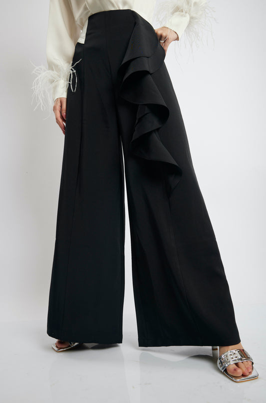 Black Ruffle Detail Wide-Leg Pants