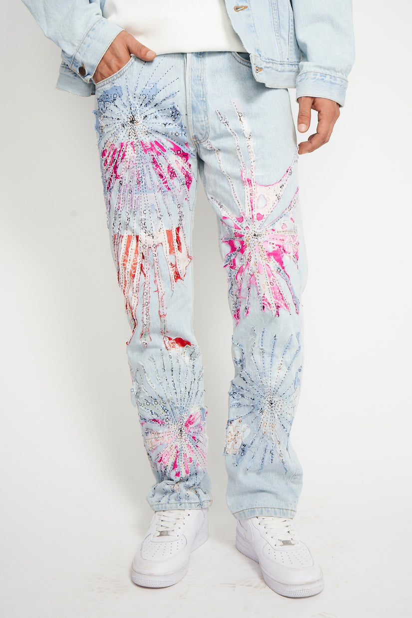 Firework Painted Light-Wash Denim Pants