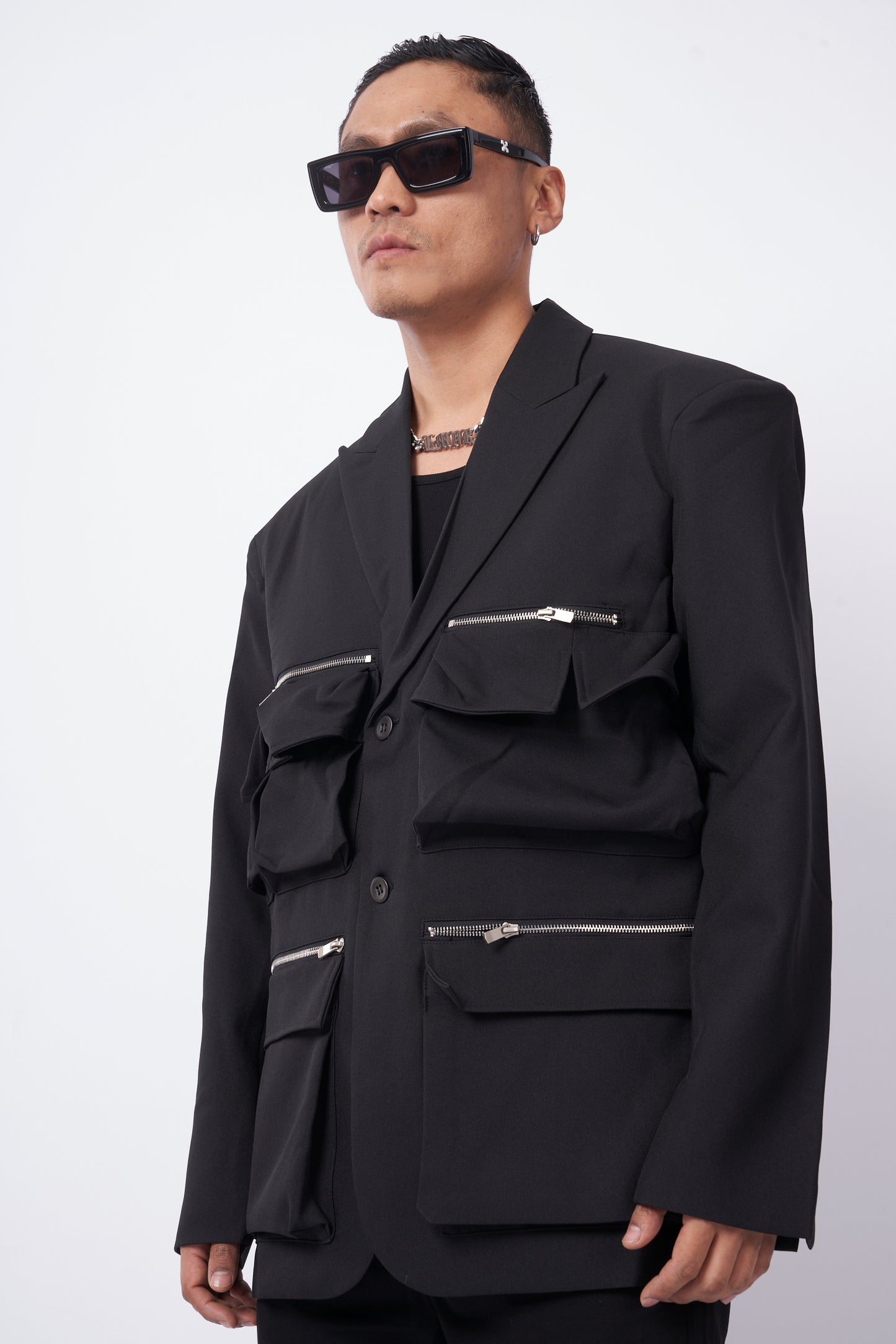 Black Utility Multi-Pocket Zipper Blazer