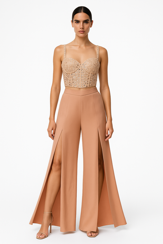Nude Embellished Corset with High-Slit Flared Pants Set