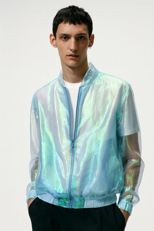 Aqua Iridescent Sheer Holographic Bomber Jacket