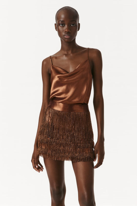 Bronze Fringe Beaded Mini Skirt