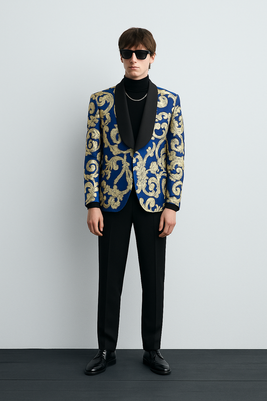 Royal Blue & Gold Baroque Tuxedo Suit – Premium Shawl Lapel