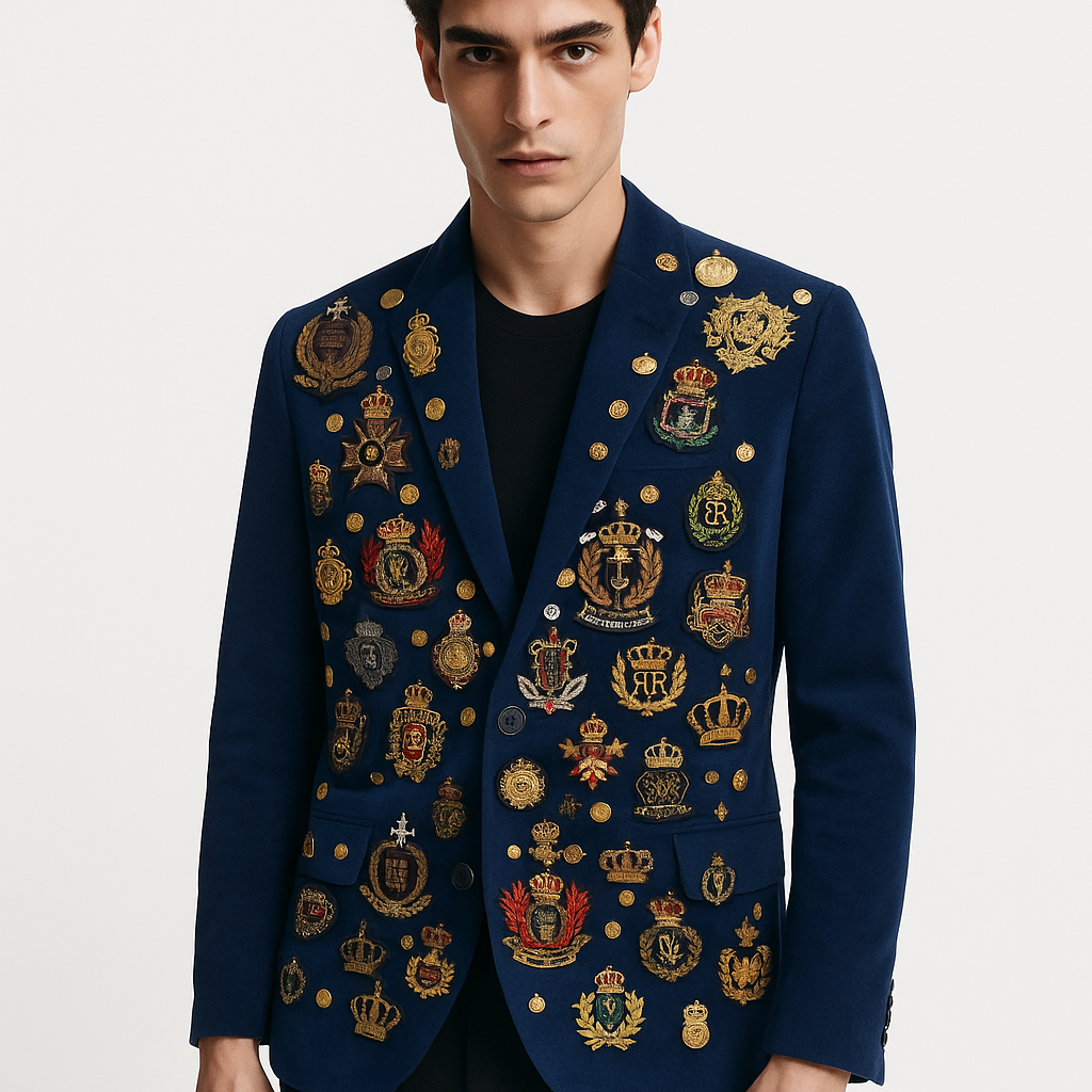 Royal Blue Crest Embellished Velvet Blazer