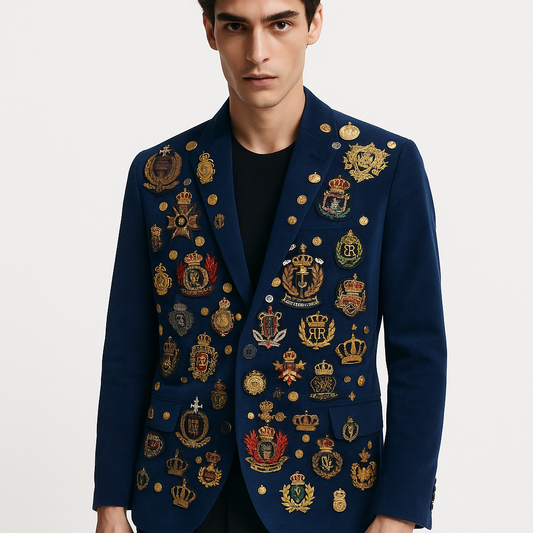 Royal Blue Crest Embellished Velvet Blazer