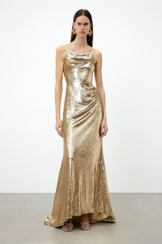 Gold Sequin Cowl-Neck Gown