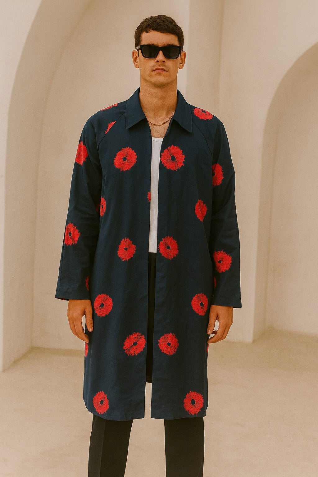 Navy Floral Printed Long Coat