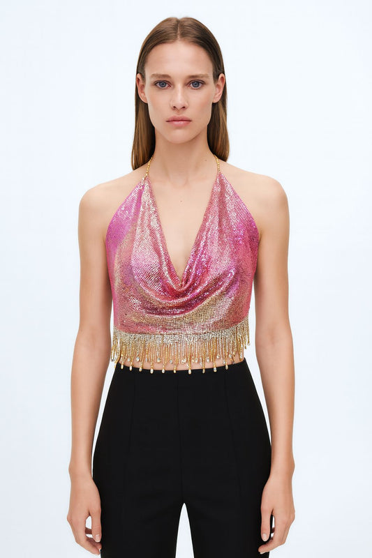 Pink Sequin Halter Top with Beaded Fringe